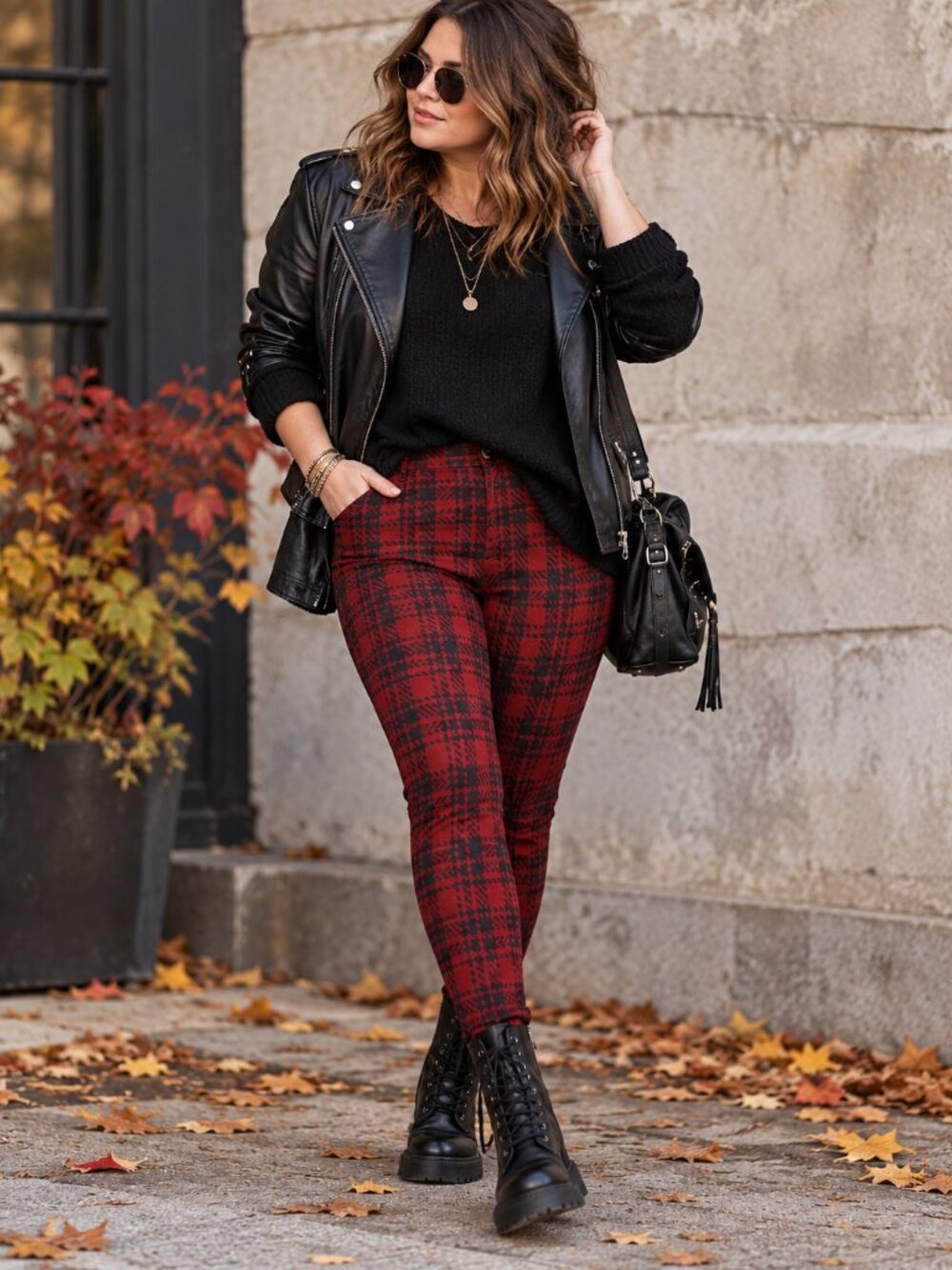 Sanctuary Red Black Tartan Plaid Pull-On Skinny Pants Leggings Size L NWT